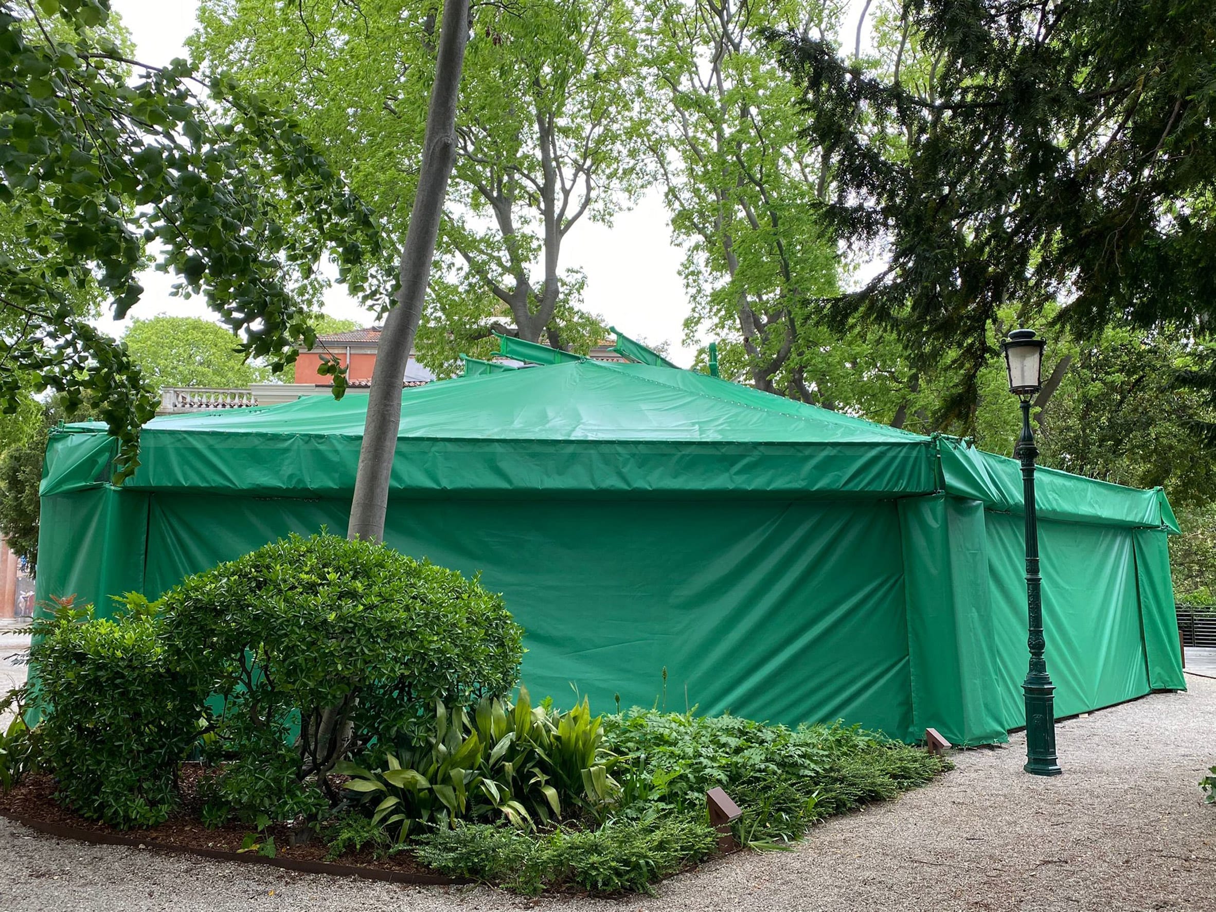 Canadian pavilion wrapped in green sheeting