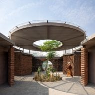 Tree grows through circular opening in courtyard canopy of Mexico house by Daniela Bucio Sistos