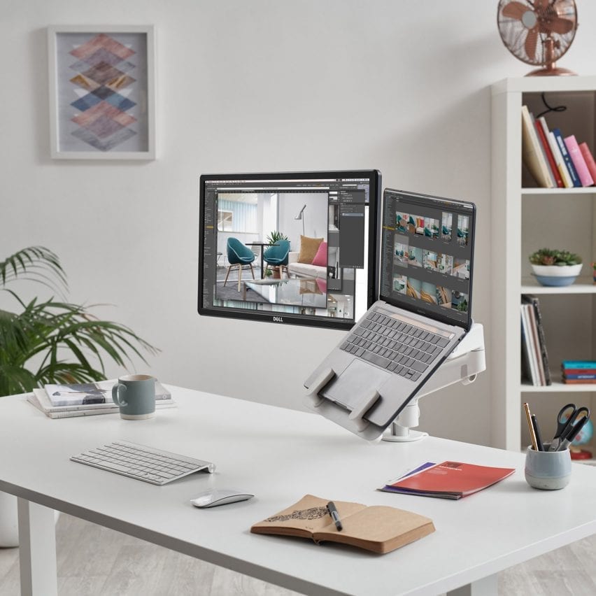 Colebrook Bosson Saunders desk set up with laptop mount and monitor arm