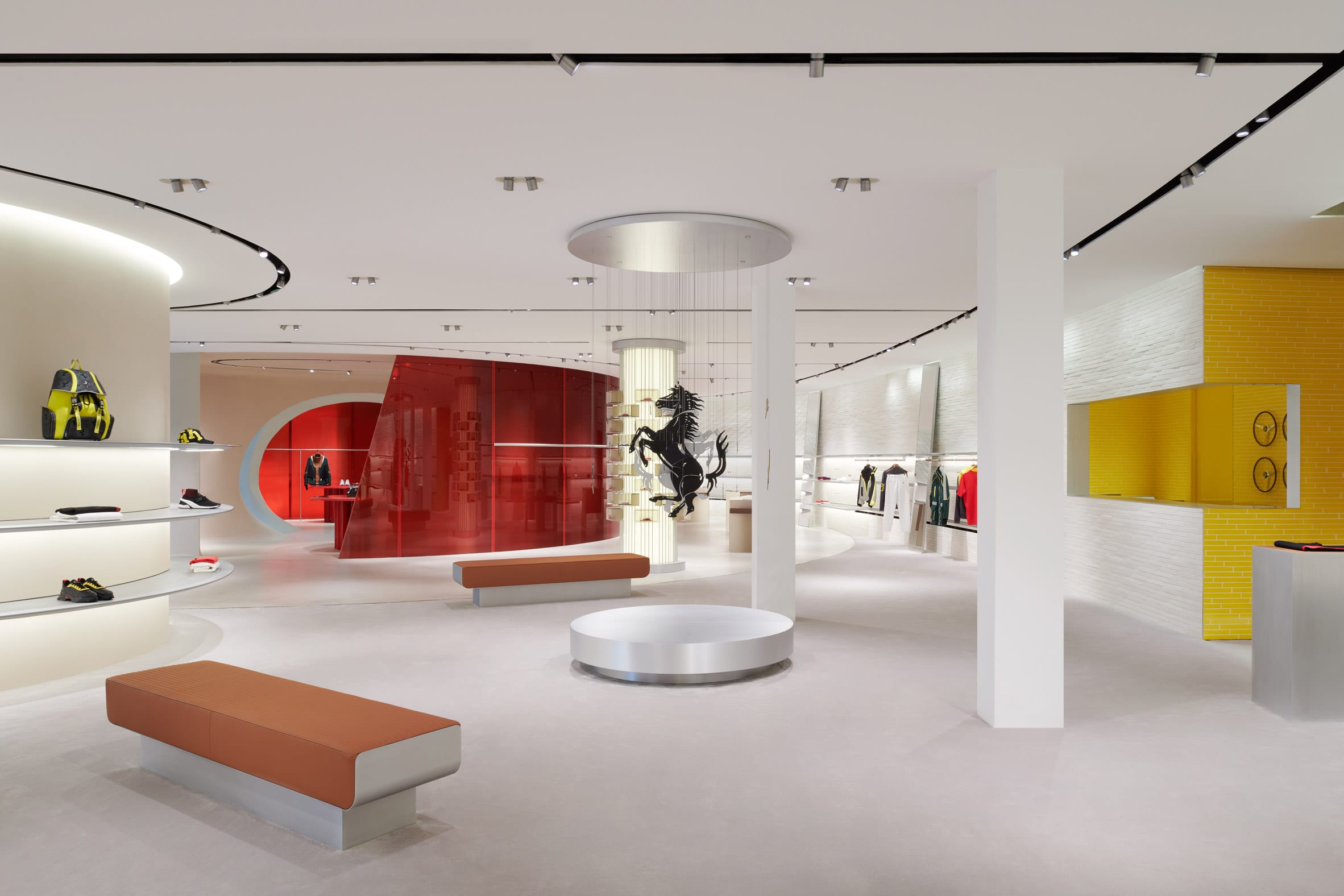 Display area of retail interior Sybarite with red and yellow walls