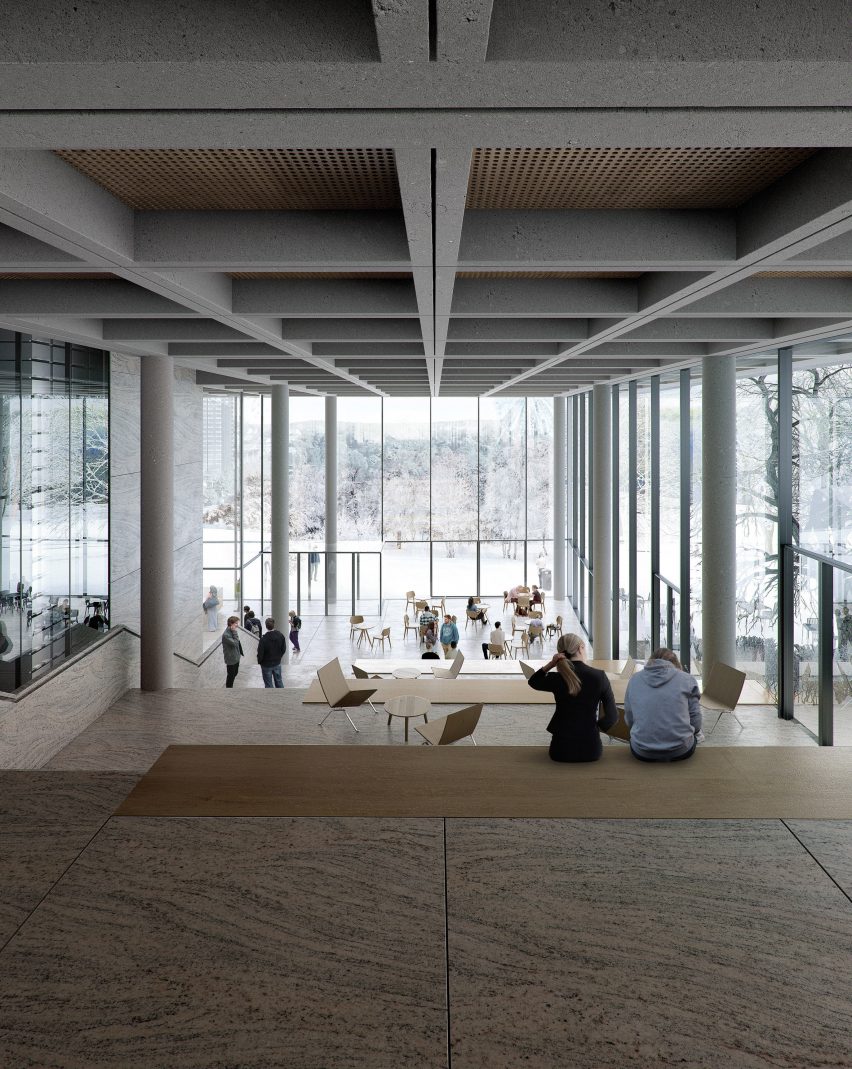Gothenburg University library ground floor looking onto park