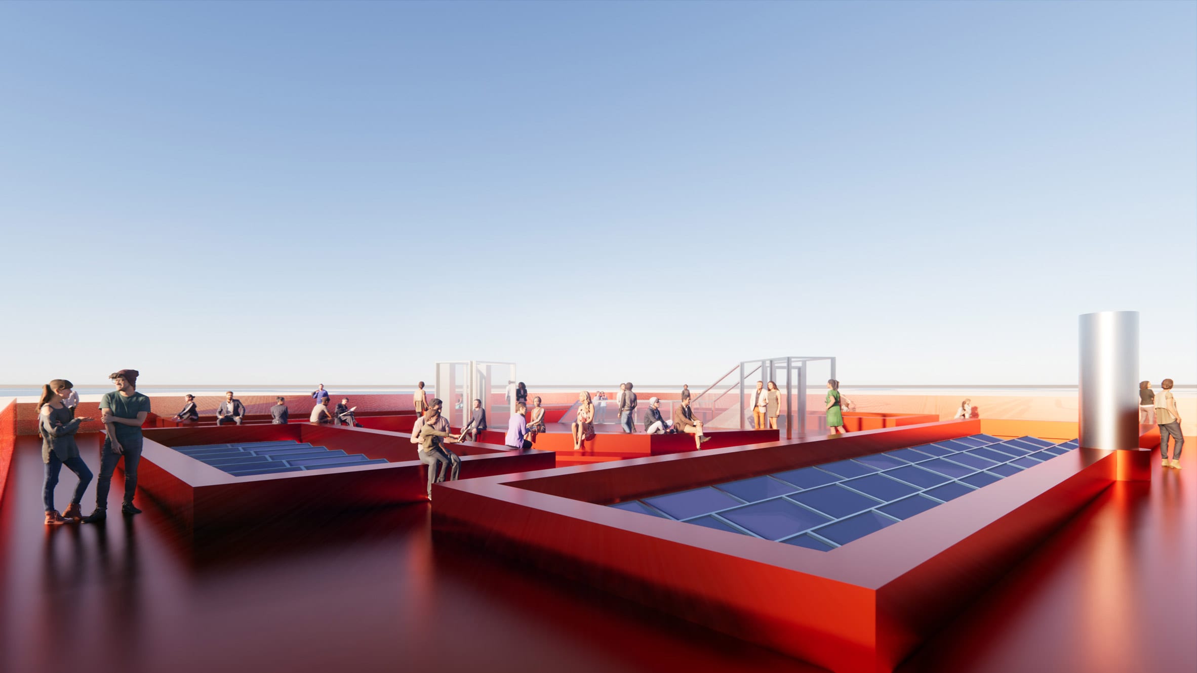 A visual of a red rooftop terrace