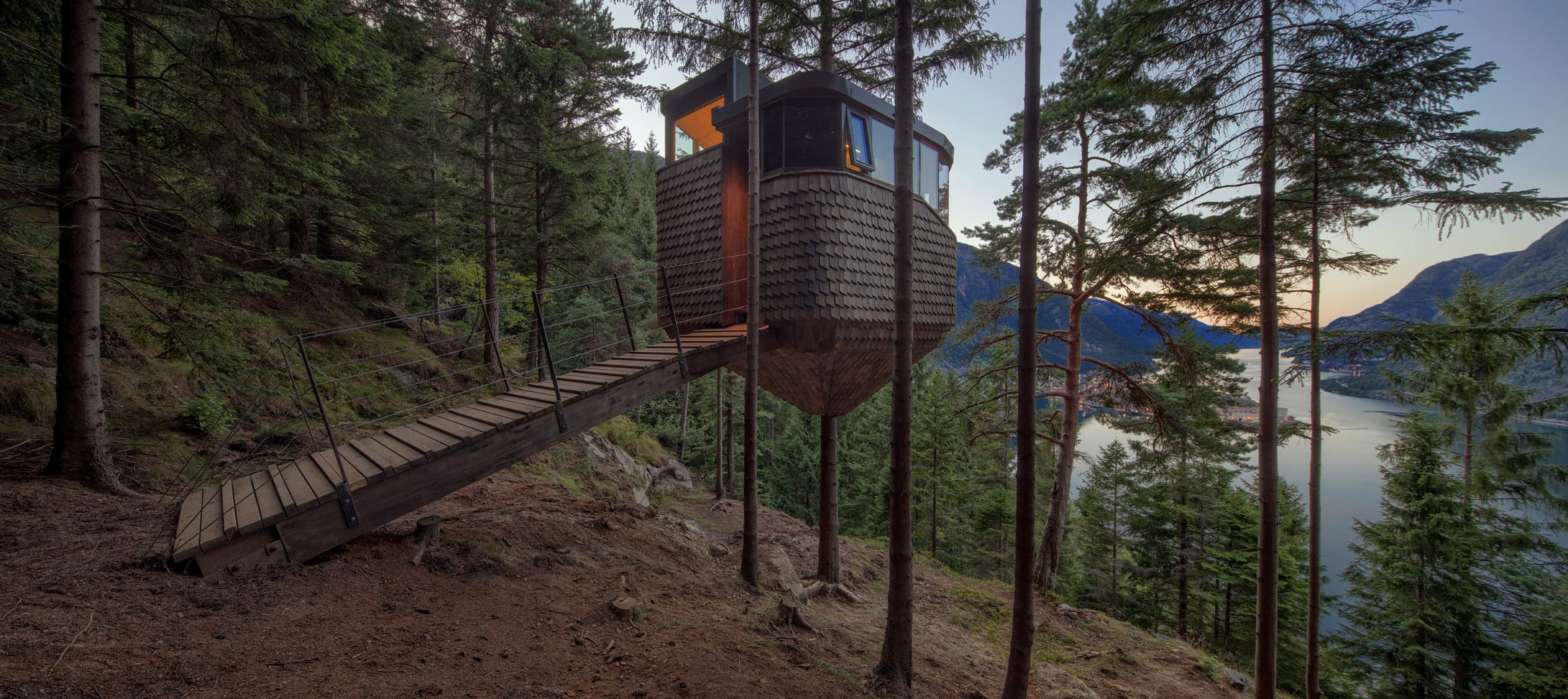  The woodnest treehouses envisioned illuminated at sunset