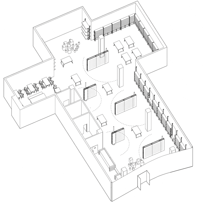 Gif of Mumokuteki Concept Bookstore floorplan with rotating walls
