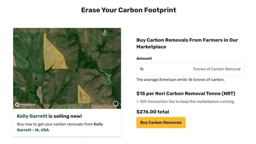 Screenshot from carbon calculator on Nori's website showing annual carbon removal needed to offset emissions of average individual