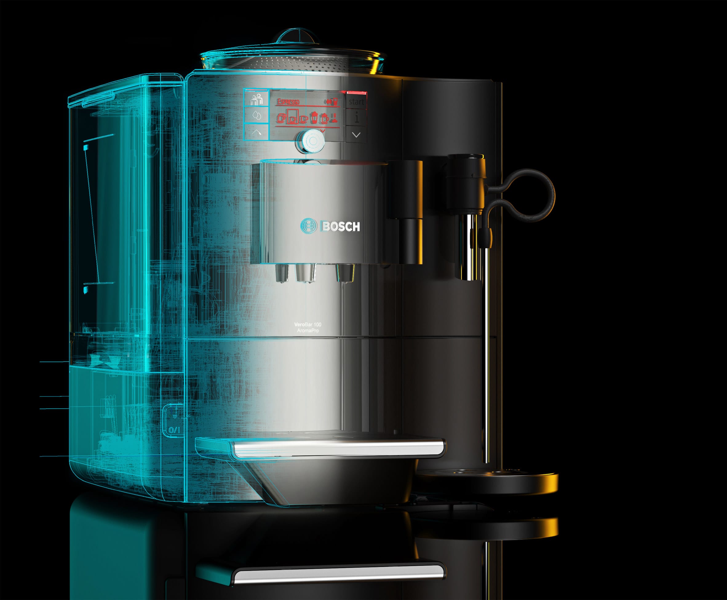 A wireframe render of a Bosch coffee machine