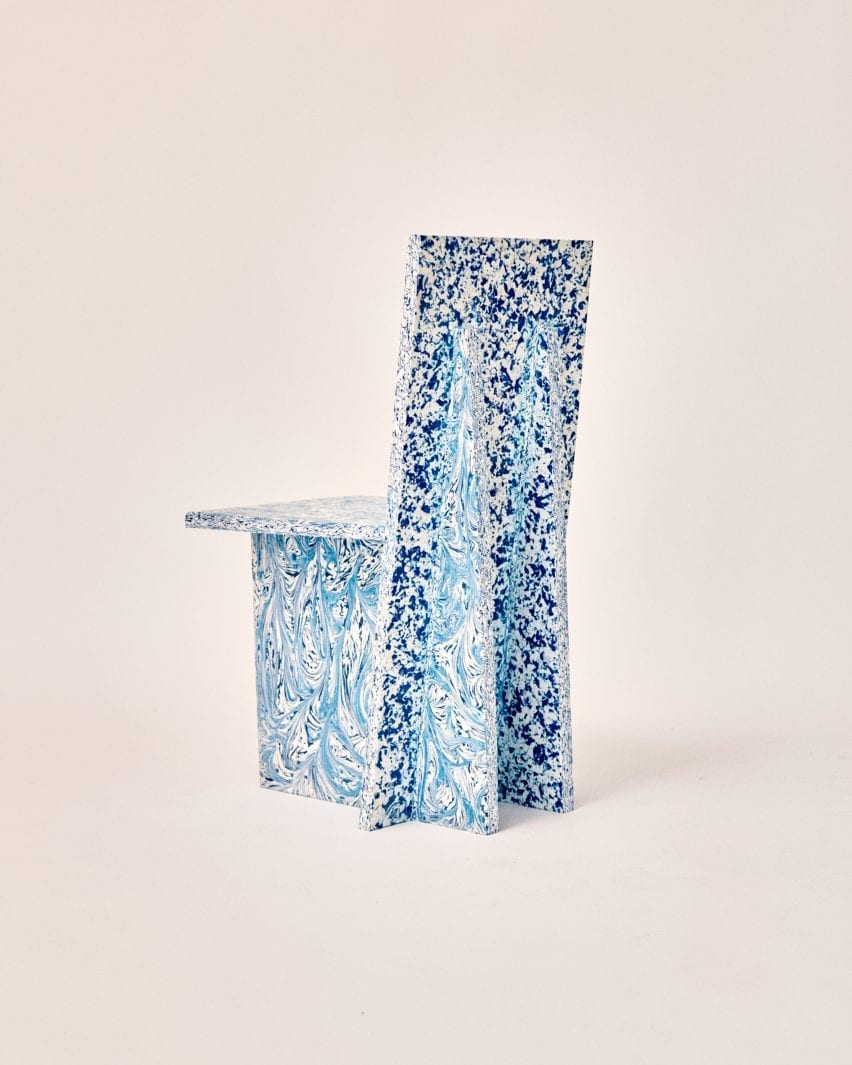 Back blue and white chair with speckled pattern by Peggy Gou and Space Available