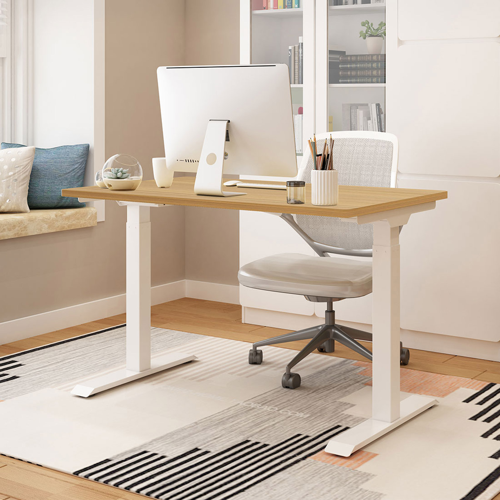 Theodore standing desk with white legs in a neutral-toned home office