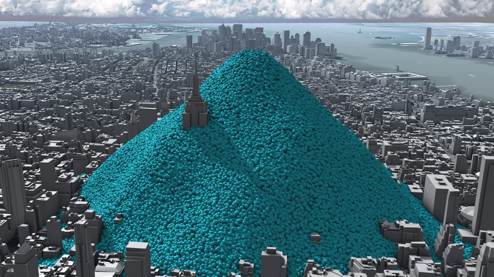 New York being buried under a mountain of blue bubbles
