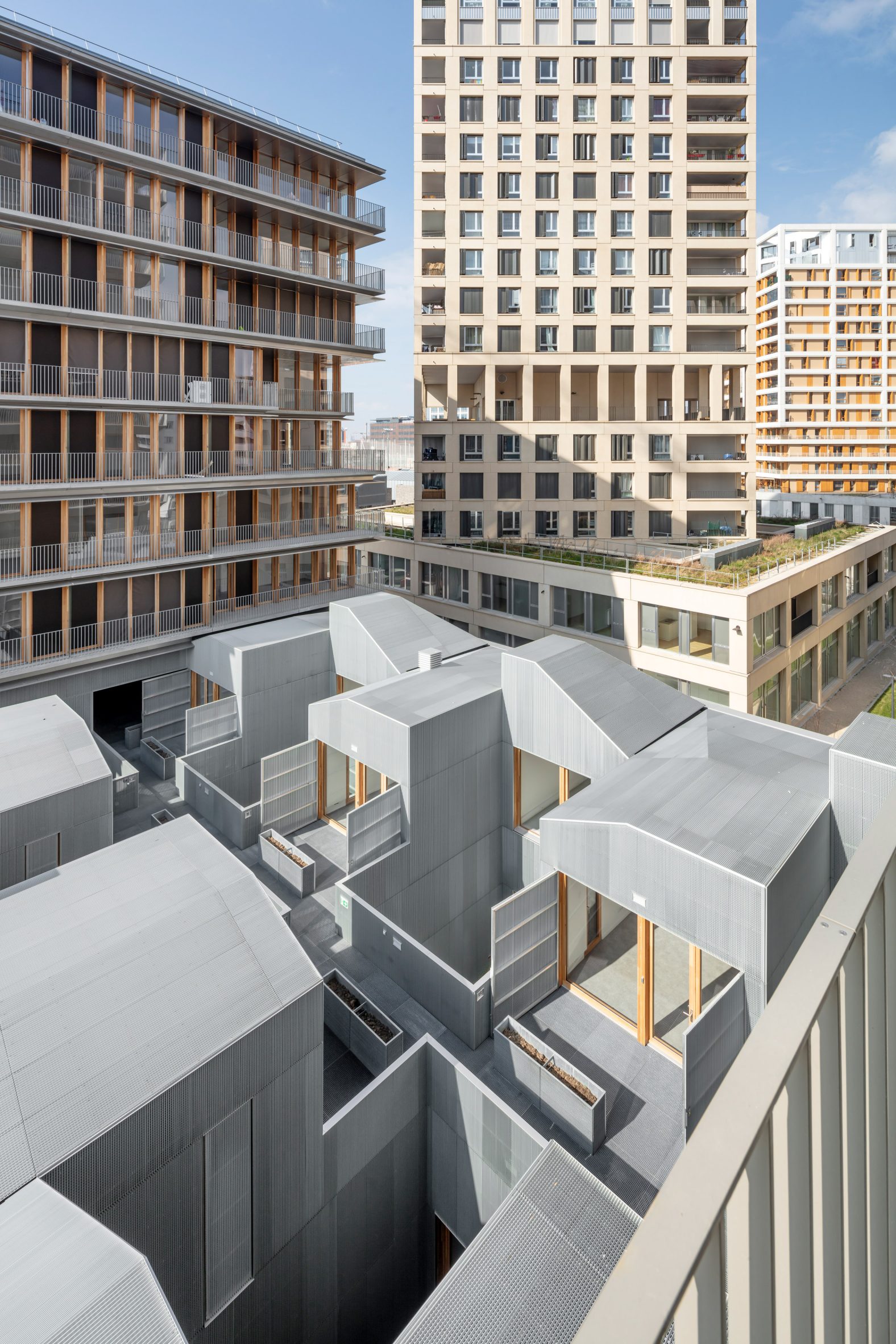 An aerial view of a mixed-use development in Paris