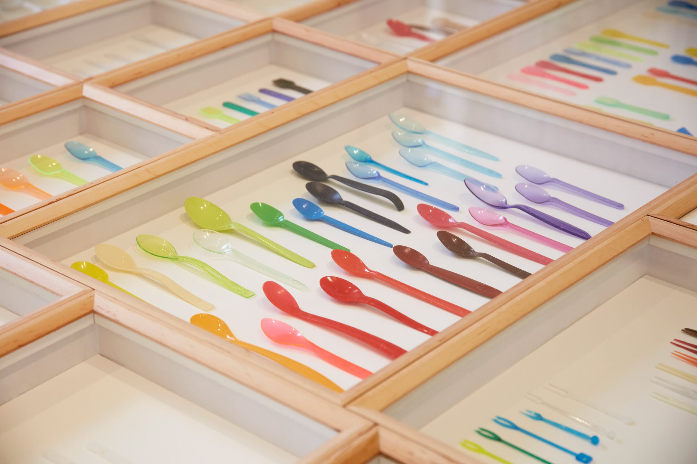 Spoons are organised in a case at Spoon Archaeology