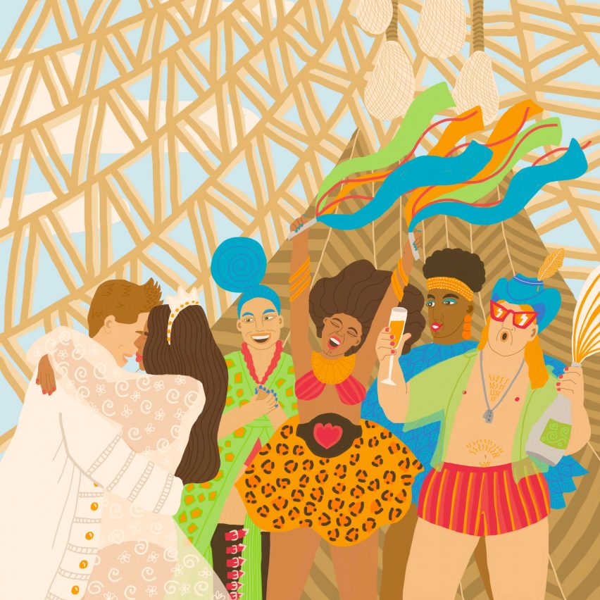 A coloured illustration of people dancing at a wedding