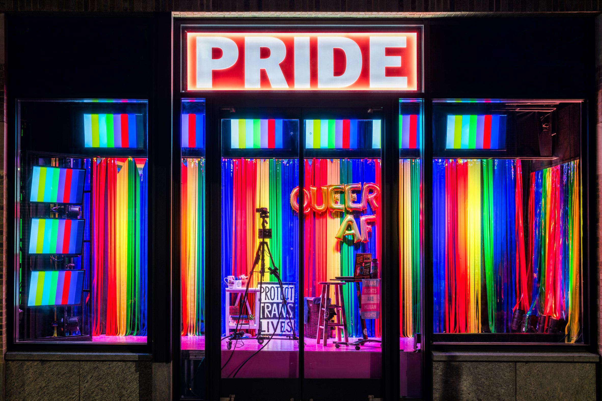 Pride features trans flags and Pride bunting