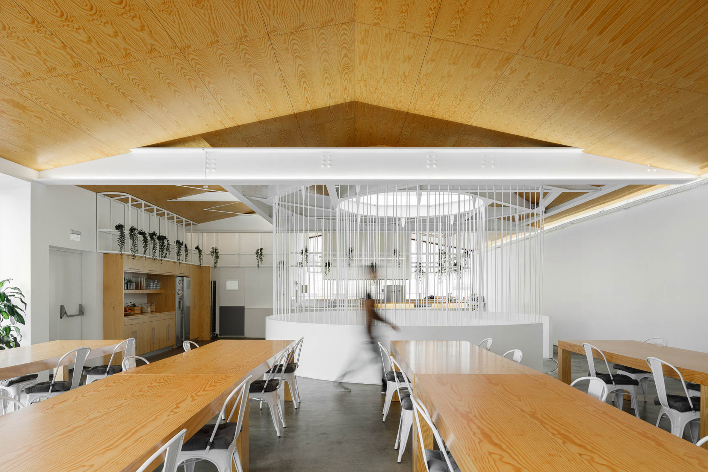 Desks and wooden ceiling on top floor of E-goi and Clavel's Kitchen office by Paulo Merlini Architects