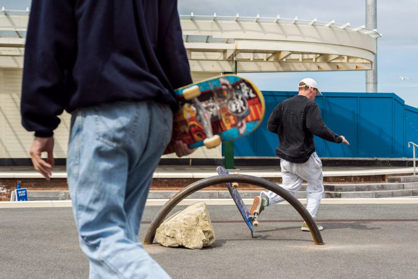 Skaters using Assemble's skatable sculptures at Folkestone Triennial 2021