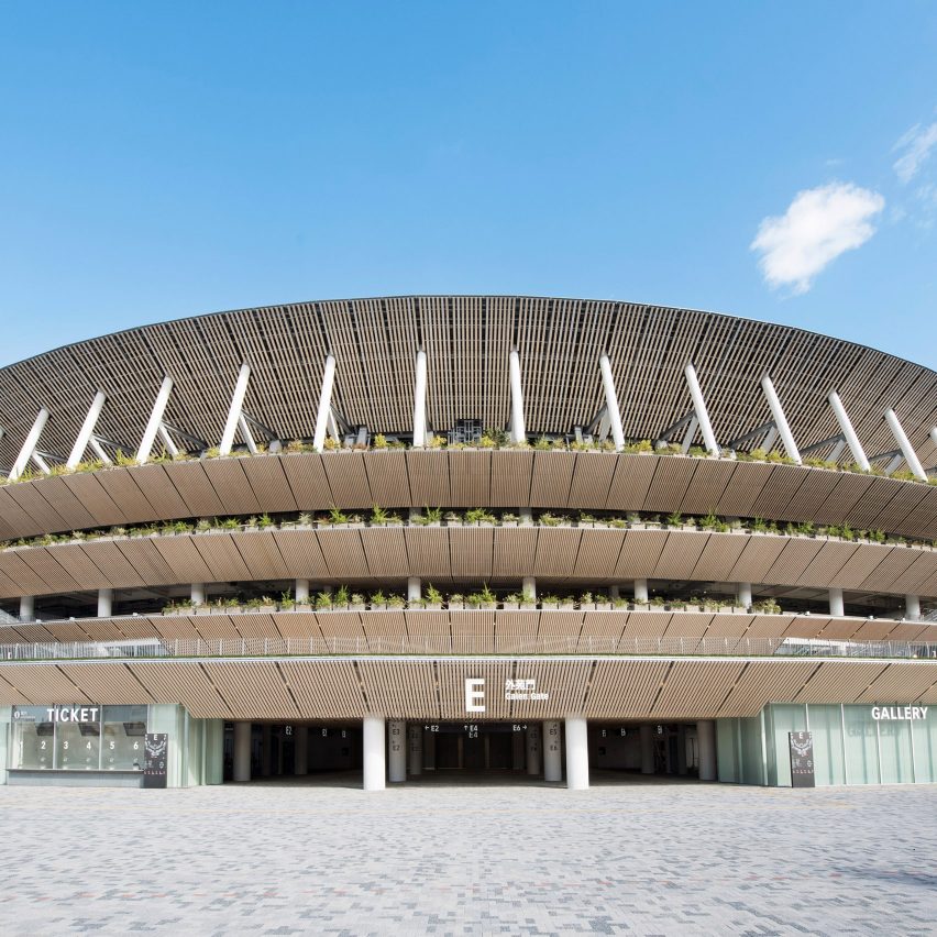 The wooden exterior of Japan National Stadium