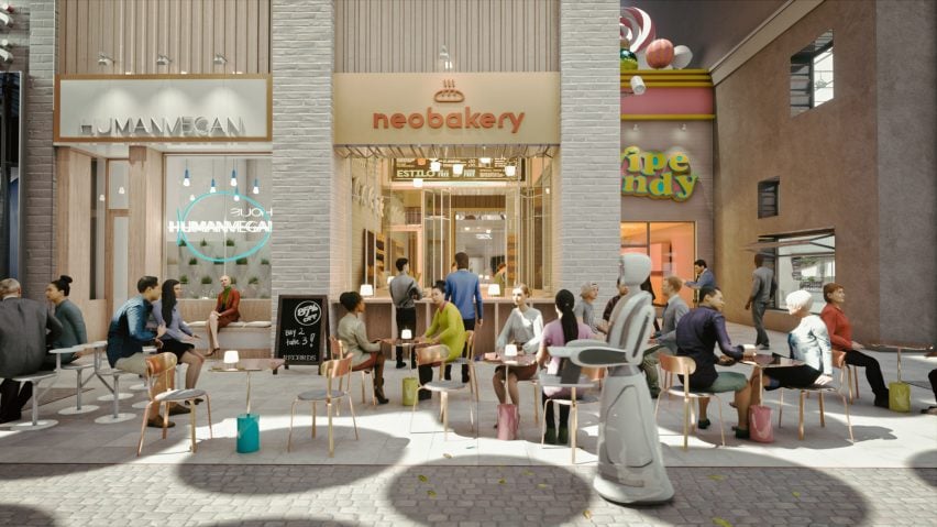 Renders of cafes in proposal for New York's Flower District