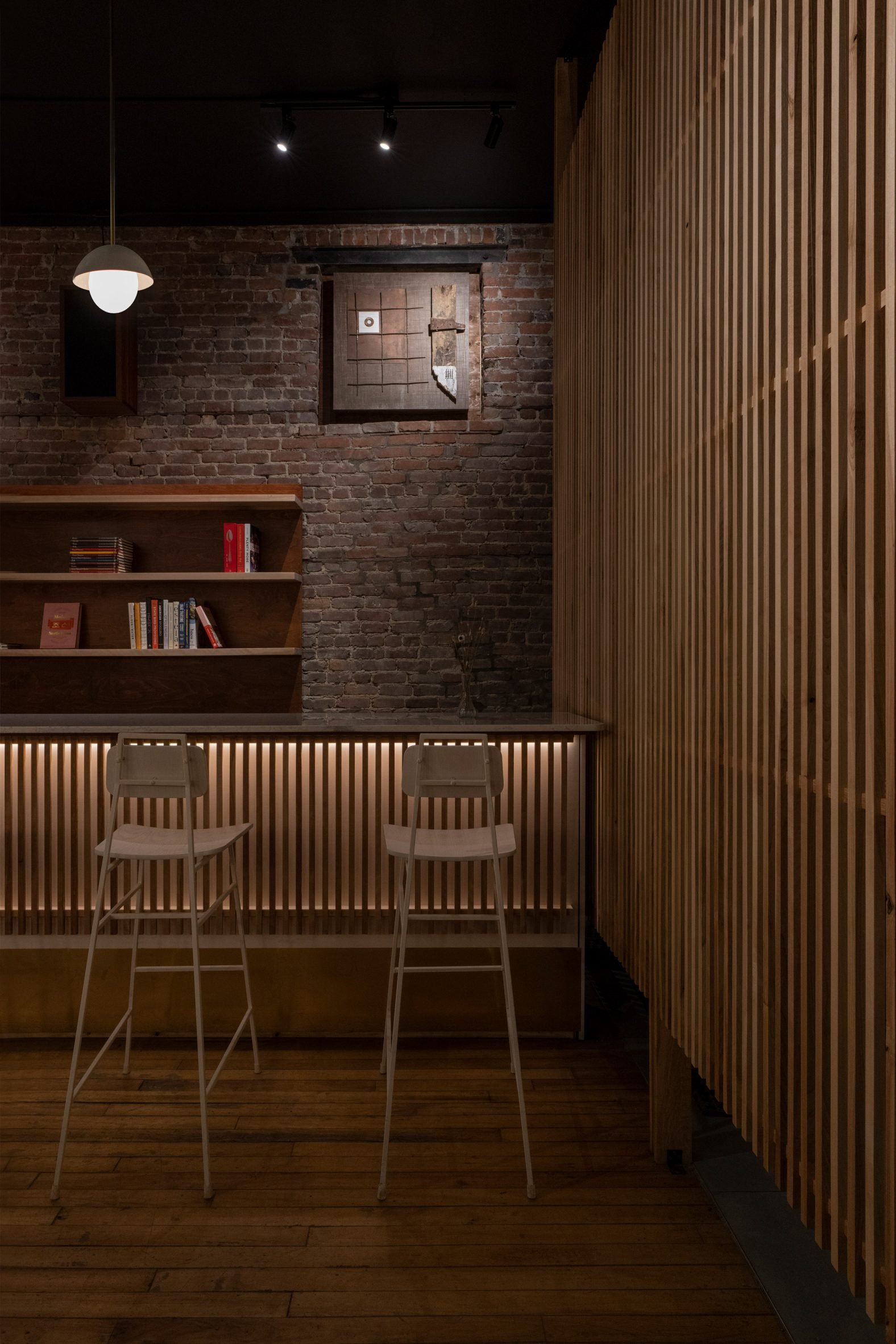 Wine bar in Montreal with wood slat screen