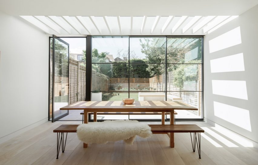 Kitchen and dining room extension with skylight in T-House by Will Gamble Architects