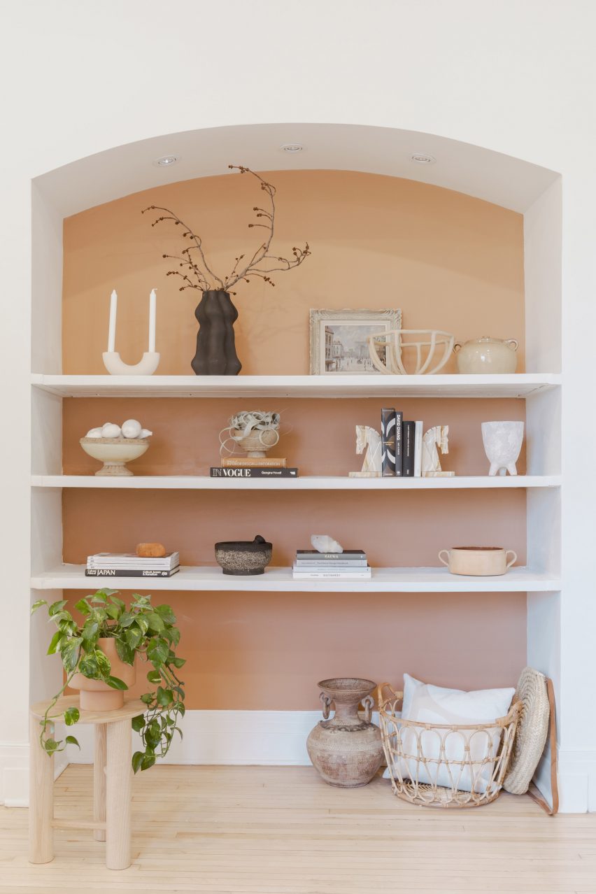 Shelving with peach backdrop