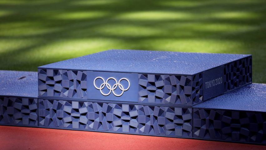 Close-up of Tokyo 2020 Olympic pedestals with rings
