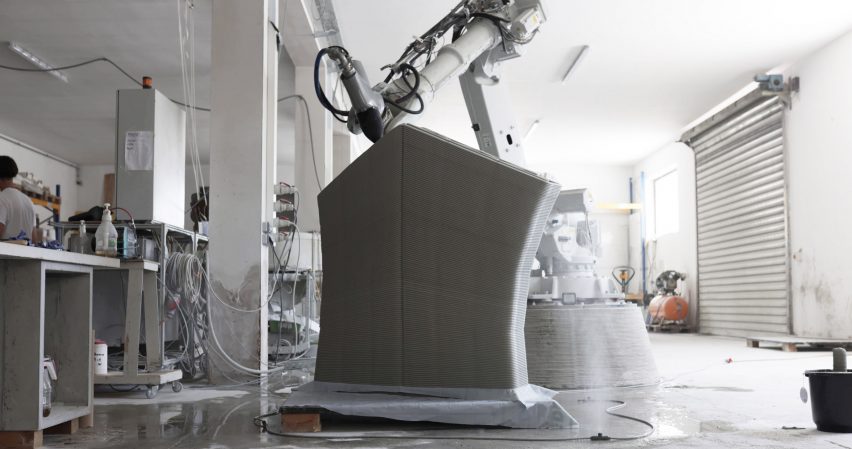 Robotic arm printing component of the Striatus 3D-printed concrete bridge