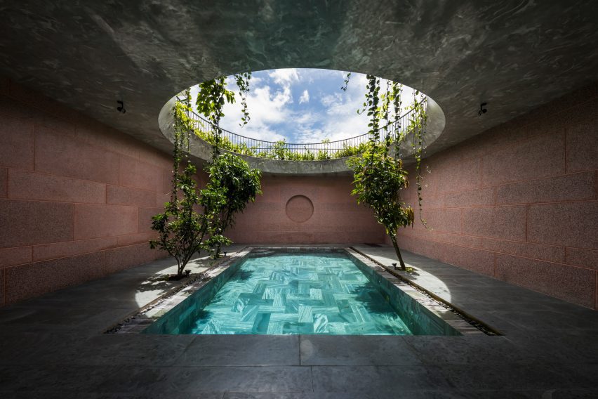 A rectangular pool was placed beneath a circular opening
