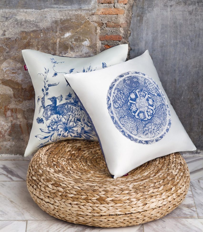White cushions with blue and white patterns