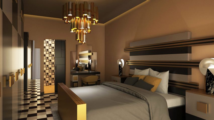 A bedroom with a gold and grey aesthetic