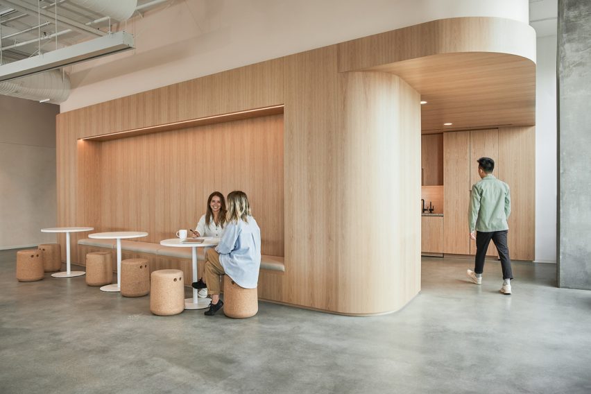 Interior space with plywood-lined walls and ceilings