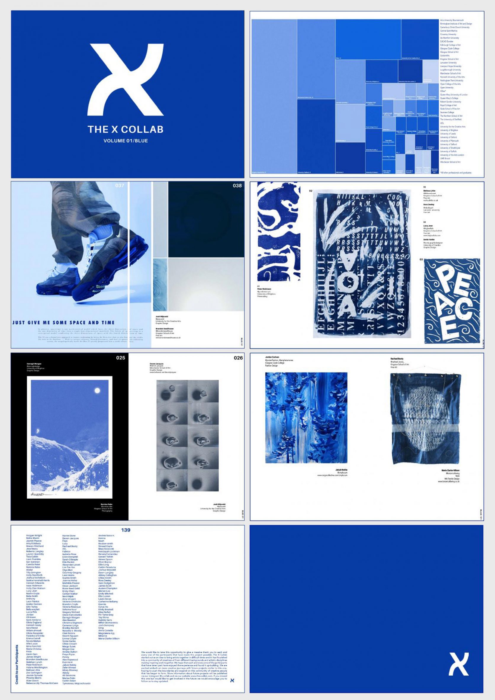 A magazine-like collaborative layout of students work in blue colours
