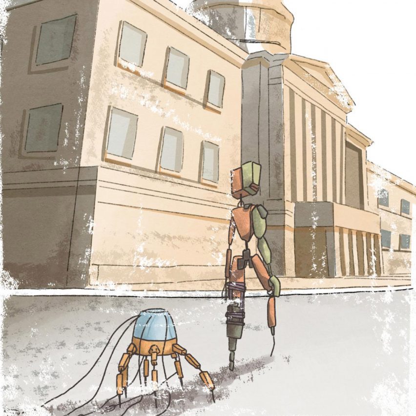 Two robots walking down a street