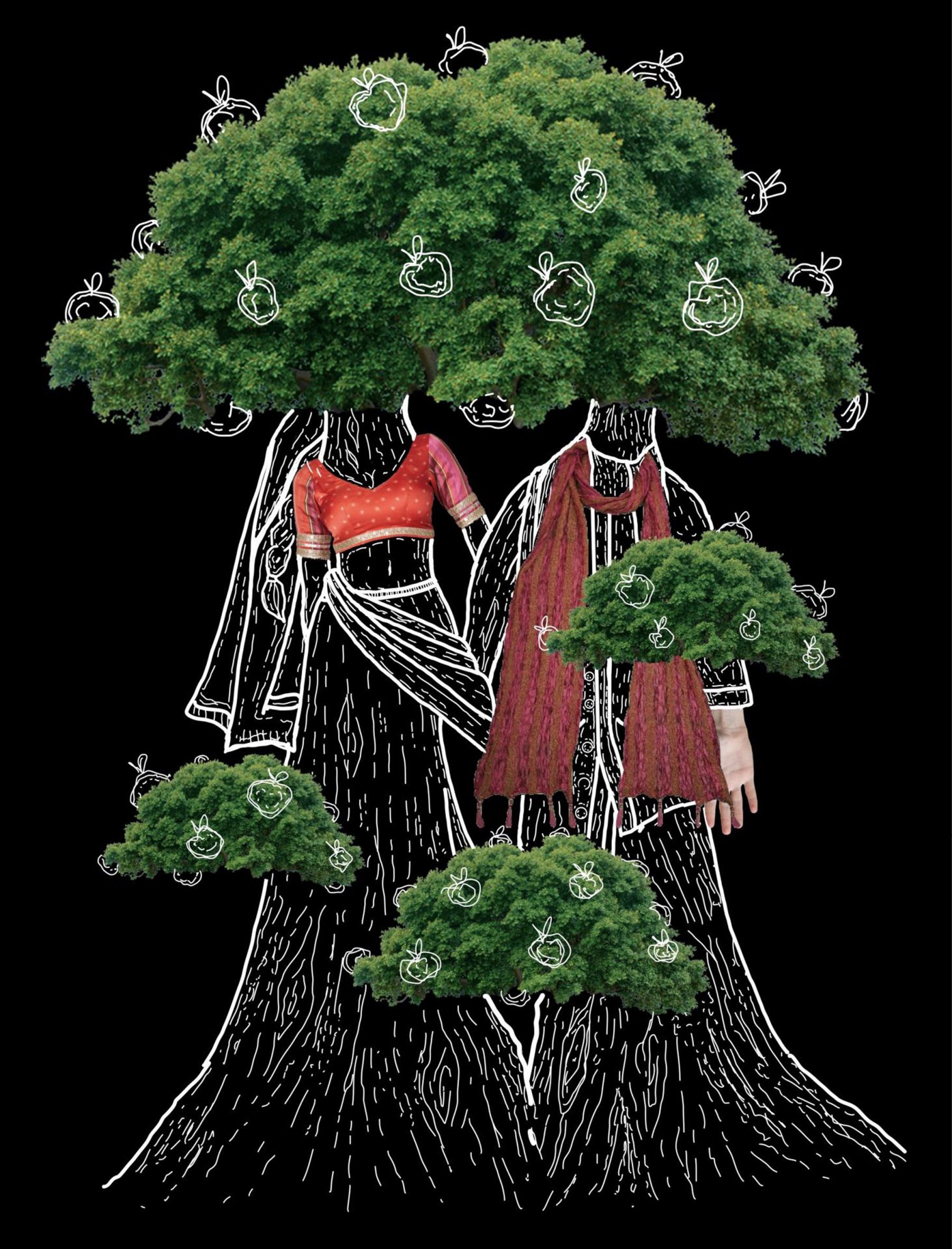 An illustration showing two people with bodies and heads that resemble trees