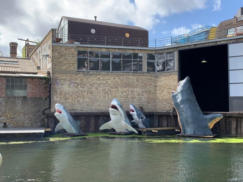 Sharks! antepavilion installation pictured in regents canal 