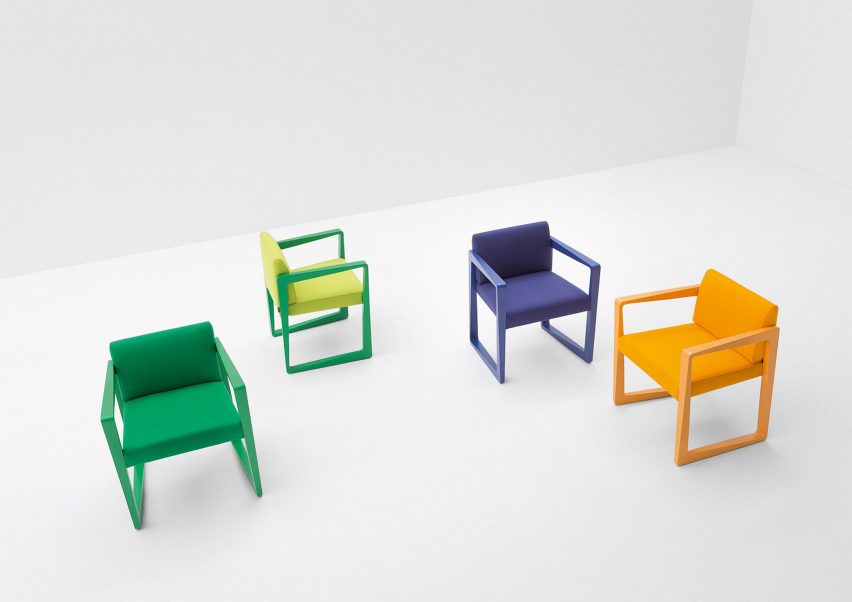 Askew chair in green, yellow, blue and orange colours