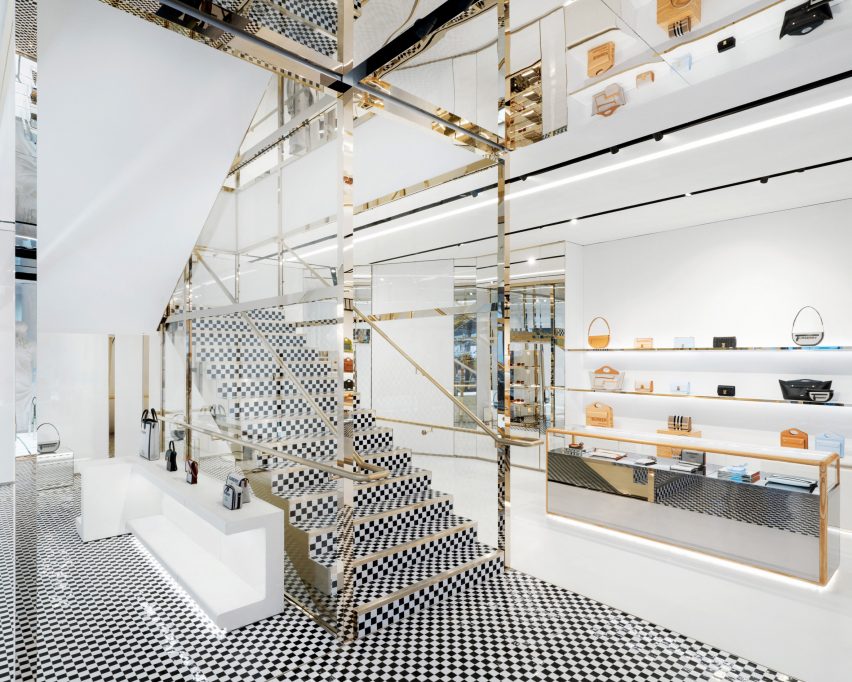 Checked tile staircase Burberry London flagship