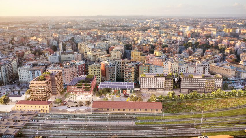 Aerial rendering of the Campo Urbano development sitting between railway tracks and dense Roman neighbourhoods