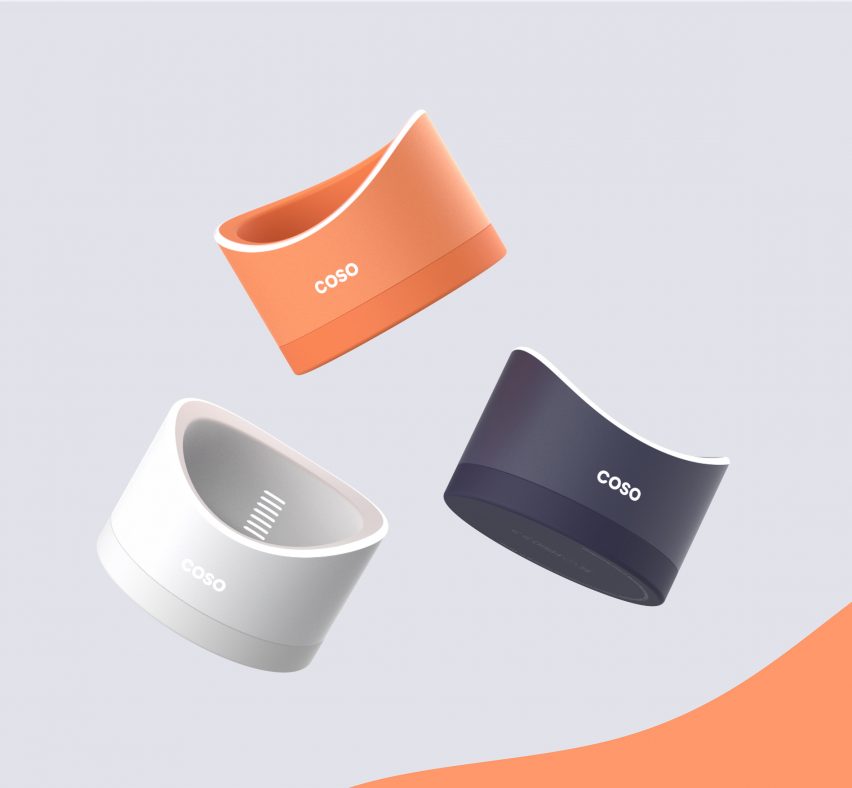 Coso contraceptive device rendered in shades of dark blue-grey, bright coral and white