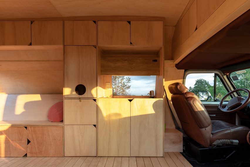 Plywood boxes and storage units inside Dodo Van