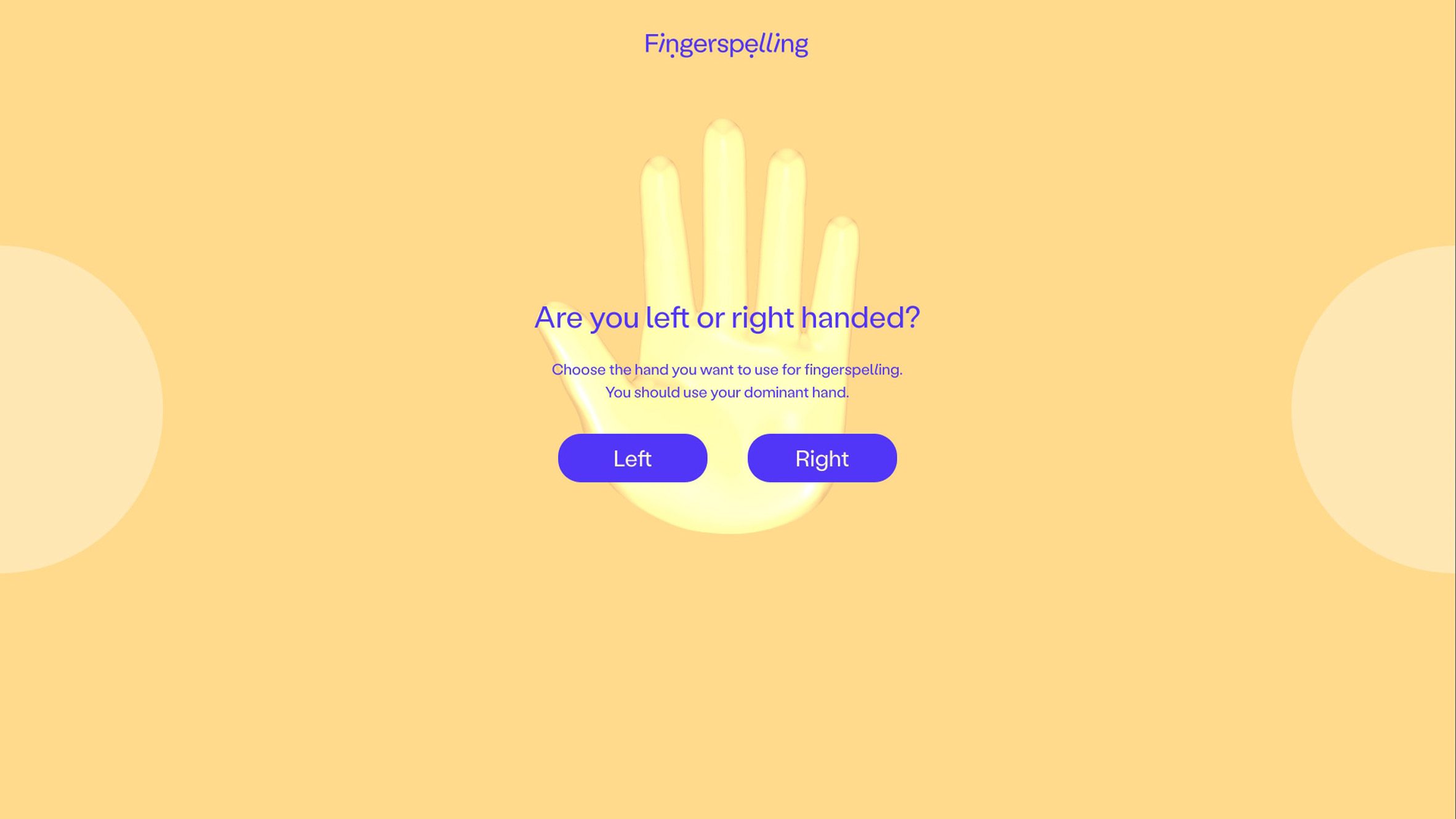 Fingerspelling.xyz set-up screen prompting users to choose whether they are right- or left-handed