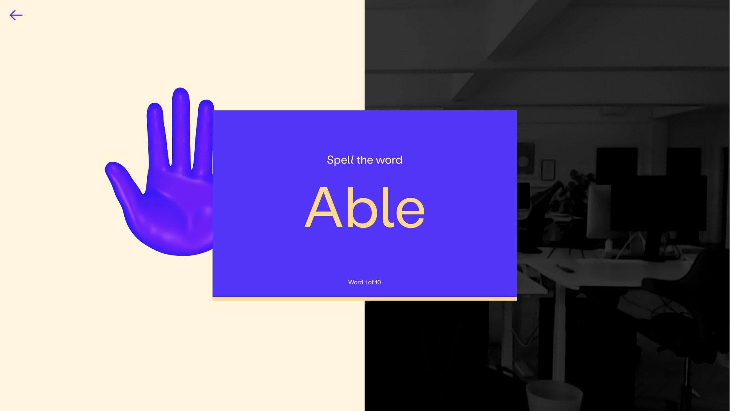 A level one screen tells the user they will be learning to spell the word 'able'