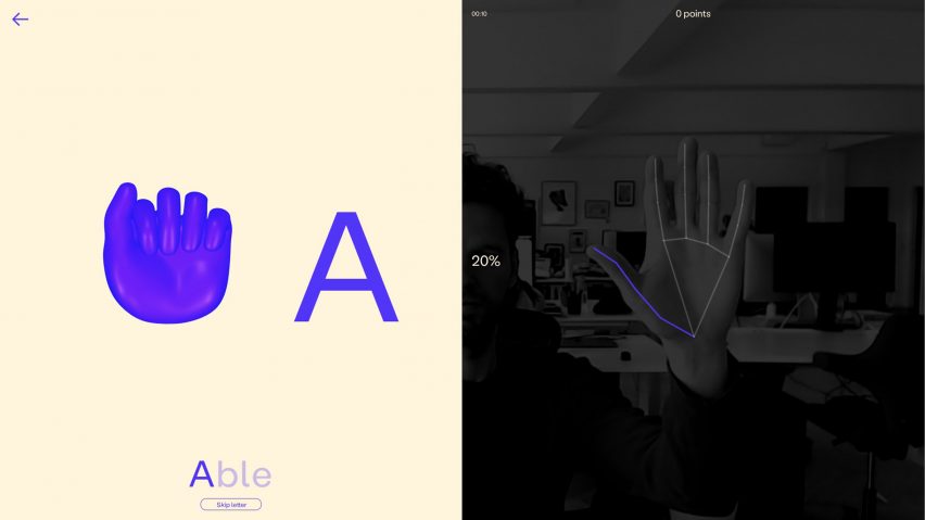 FingerspA splitscreen shows the letter A and a 3D hand in a fist salute shape on the left side and webcam view of a user's flat palm on the right