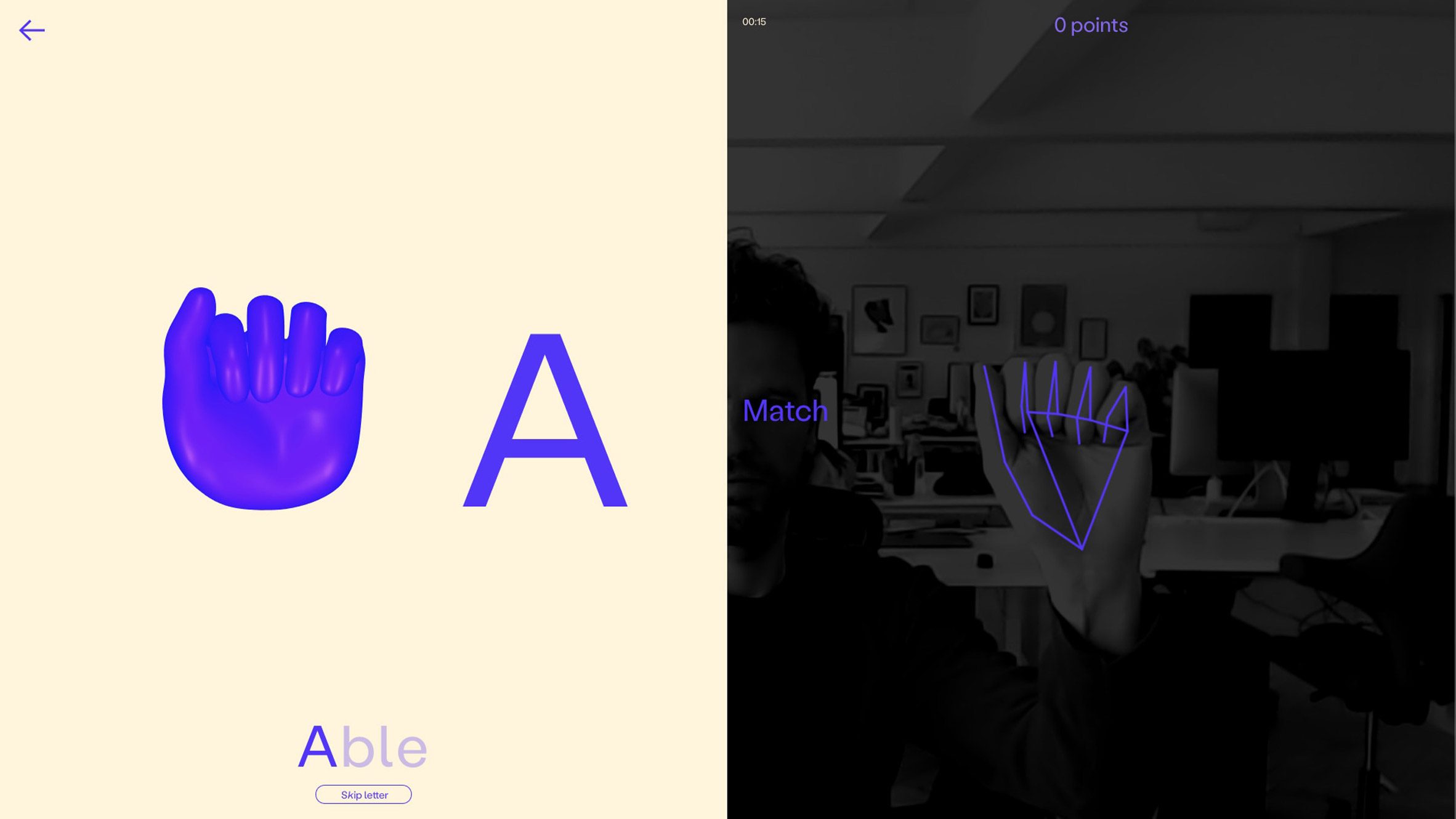 A splitscreen shows the letter A and a 3D hand in a fist salute shape on the left side and webcam view of a matching fist shape on the right
