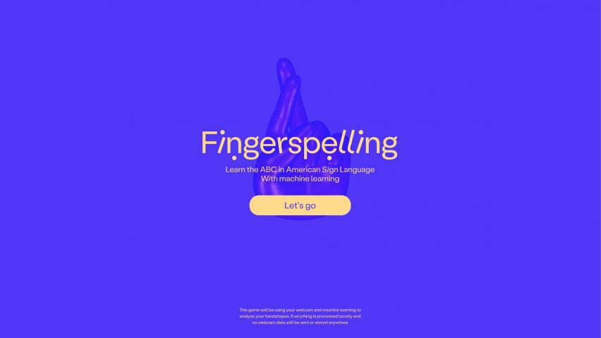 Fingerspelling.xyz home screen showing a 3D model of a hand with its fingers crossed