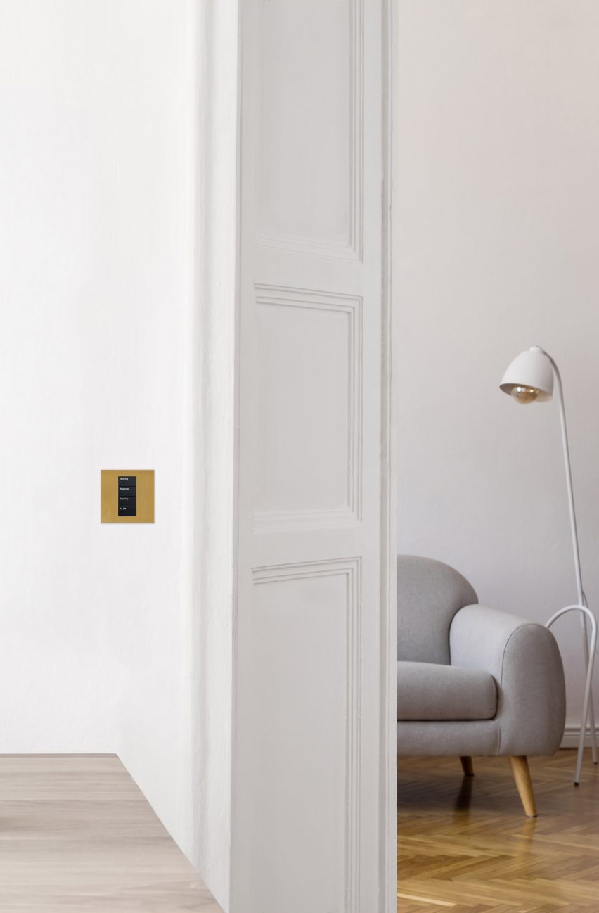     golden light control in neutral white interior
