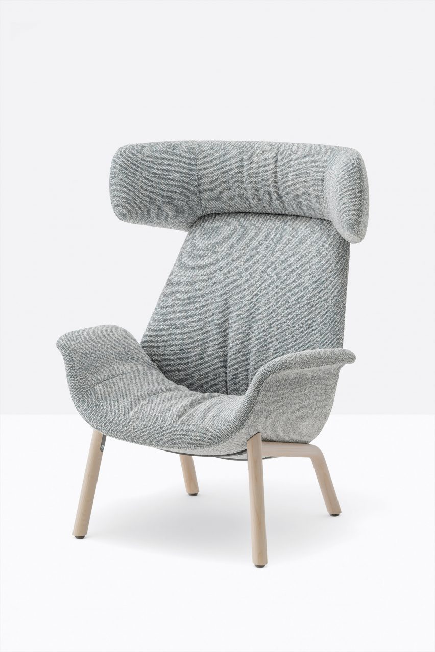 A photograph of a grey armchair
