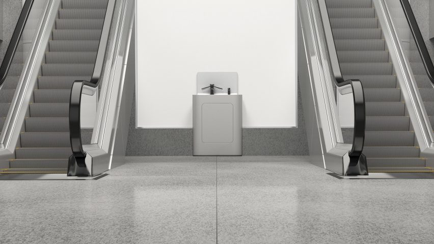 A photograph of a wash pod besides escalators