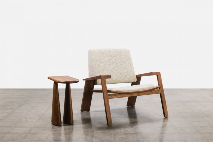 The Rhoco chair, which features a wedge-shaped backrest covered with wool and mohair loop