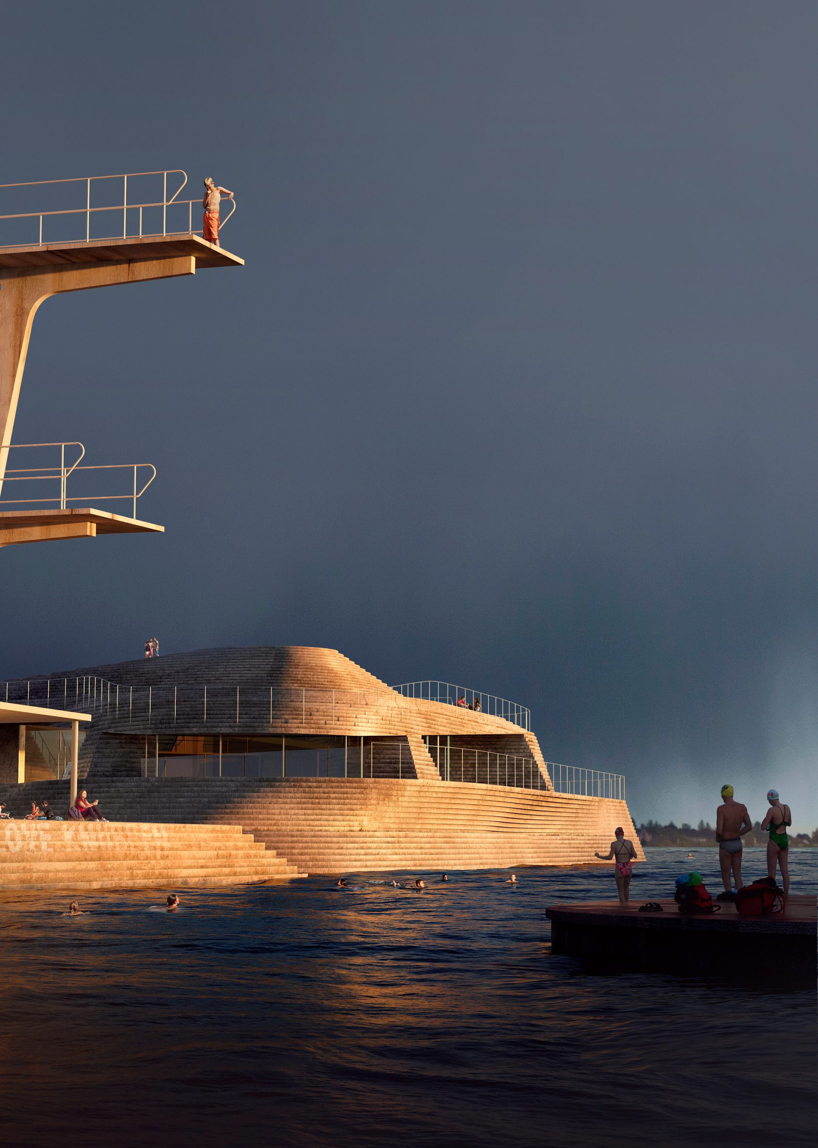 Diving platform and facilities at the new Knubben harbour bath at sunset