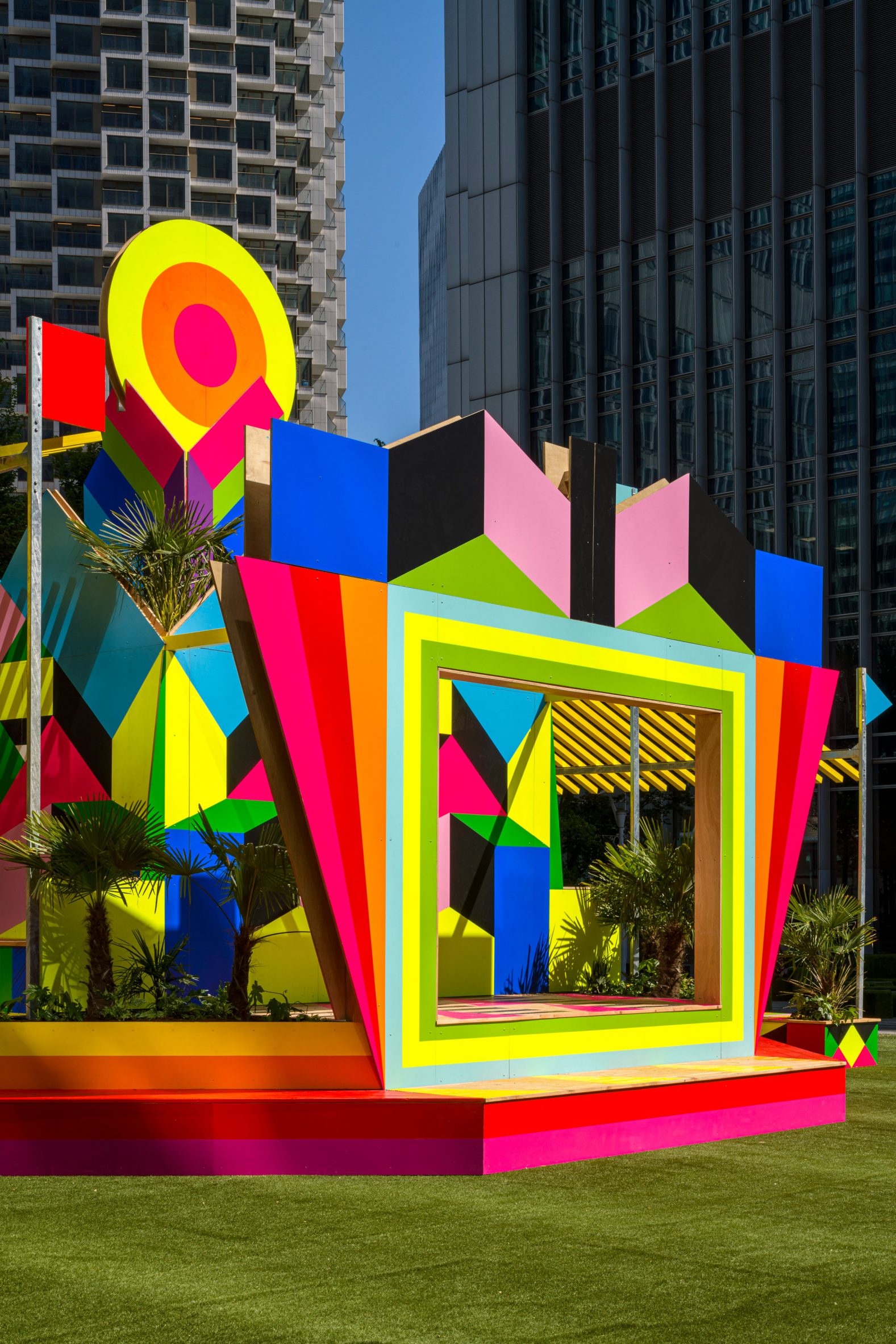 A colourful pavilion with a stage